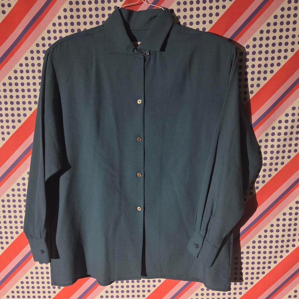 Graham & Gunn Vintage 90s Dark Green 100% Wool Button Up Blouse Size 14